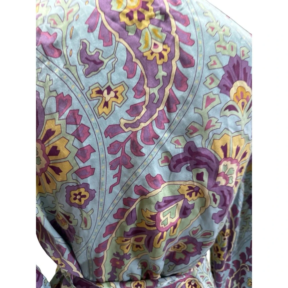Nick & Nora Silk Robe Womens S/M Blue Paisley‎ Sleepwear Excellent Short Wrap - Picture 4 of 6